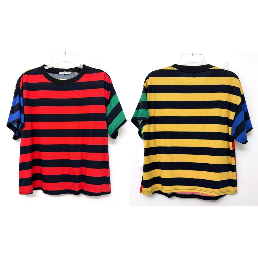 NWT Alice + Olivia Contrast Stripe Tee T Shirt Rainbow Colorblock Cotton S